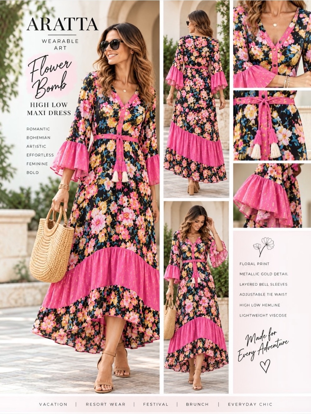 NWT Aratta Flower Bomb Floral High Low Maxi Dress Boho Pink Small